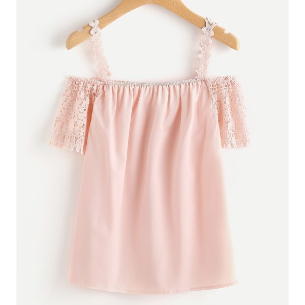 

Crochet Fringe Sleeve Open Shoulder Top