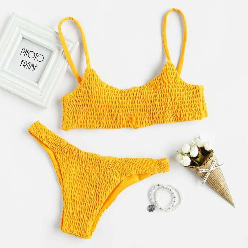 

Scoop Neck Top With Smocked Bikini Set, Yellow bright
