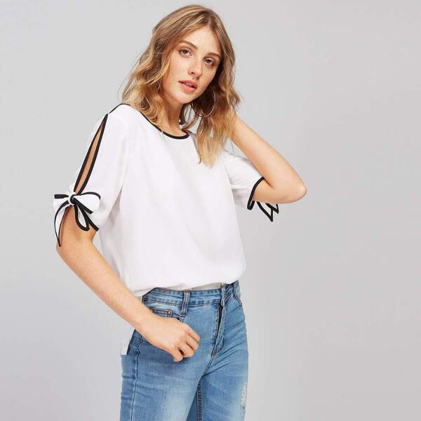 

Contrast Binding Slit Sleeve Top, White