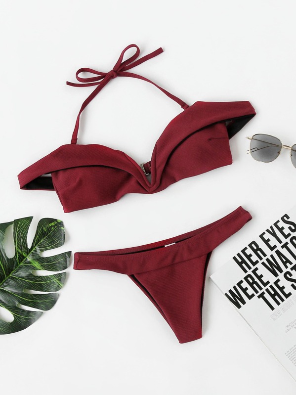 

Foldover Halter Top With Hipster Bikini Set, Burgundy