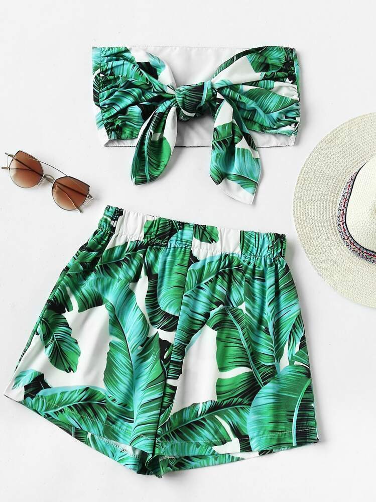 Leaf Print Random Bow Tie Crop Bandeau Top With Shorts - Green - View 1