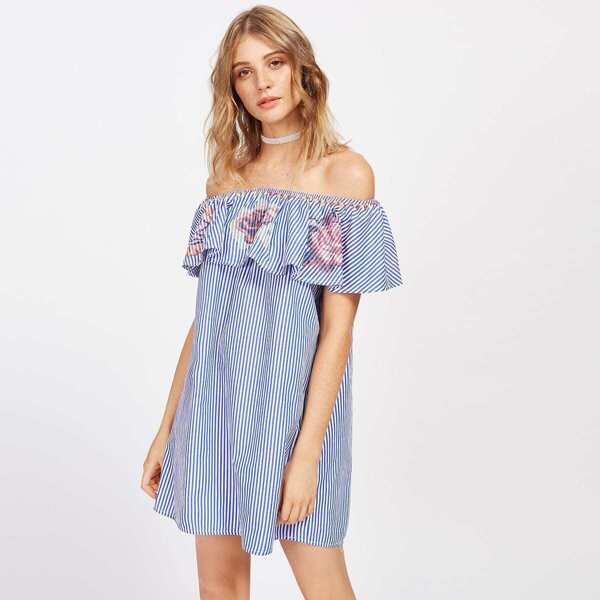 

Cross Stitch Embroidery Frill Bardot Dress, Blue