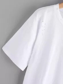 Rose Embroidered Ripped Tee - White - View 4