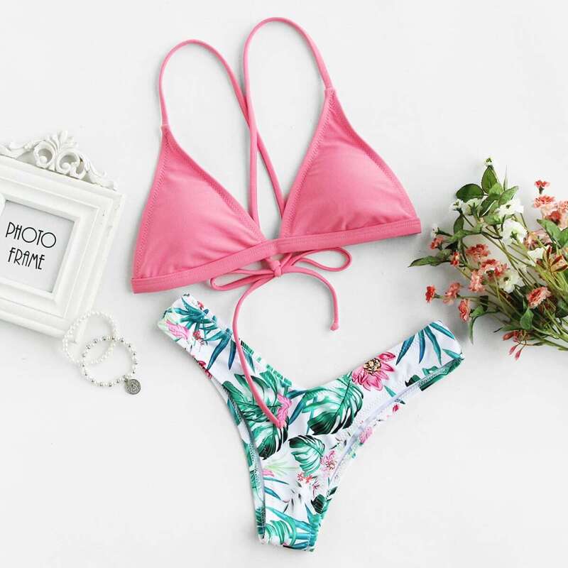 

Self Tie Top With Tropical Print High Leg Bikini, Multicolor