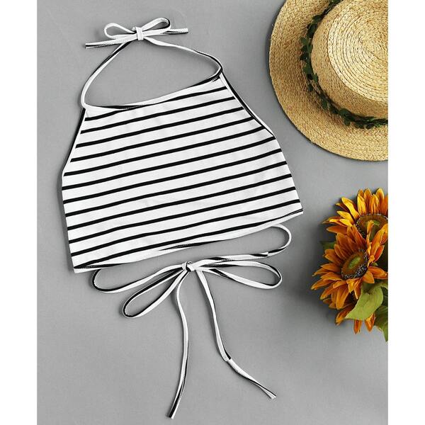 

Halterneck Striped Lace-up Self Tie Top