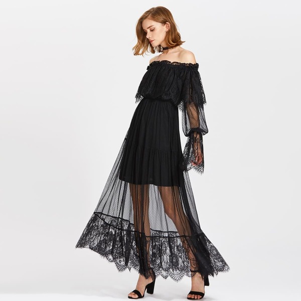 

Frill Off Shoulder Lace Overlay Tiered Dress, Black