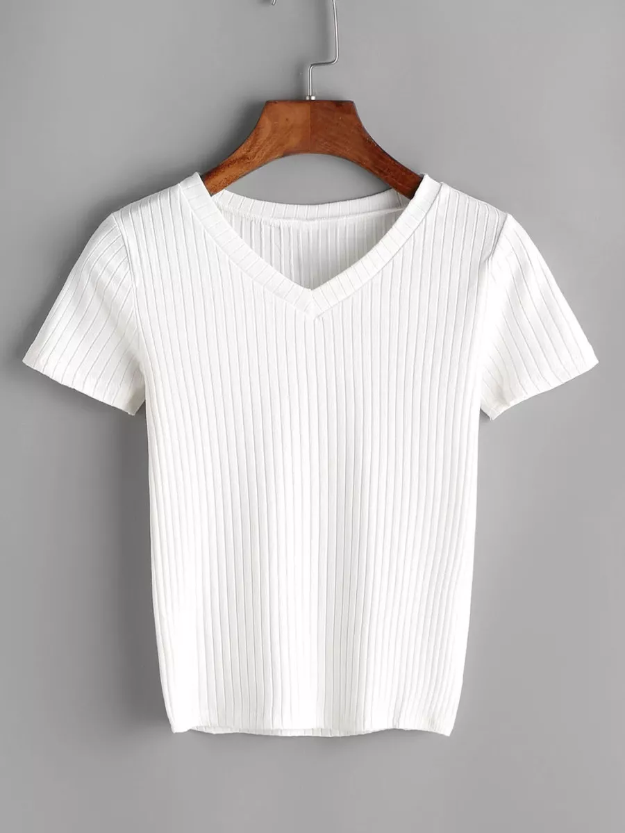 SHEIN Essnce 羅紋針織T - 白色 - 查看 1