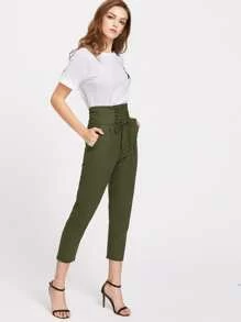 Pantalones tobilleros de talle alto efecto corsé - Verde militar - Ver 2