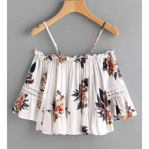 

Flounce Hem Open Shoulder Floral Top