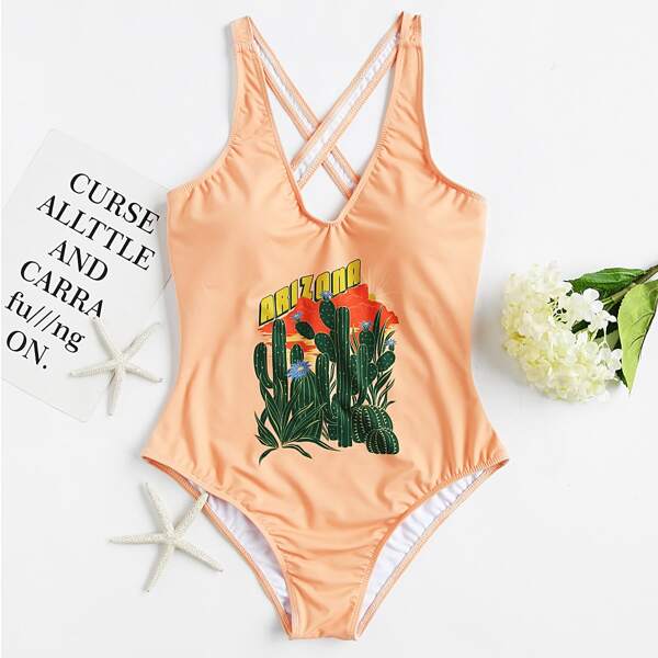 

Cactus Print Cross Back Swimsuit