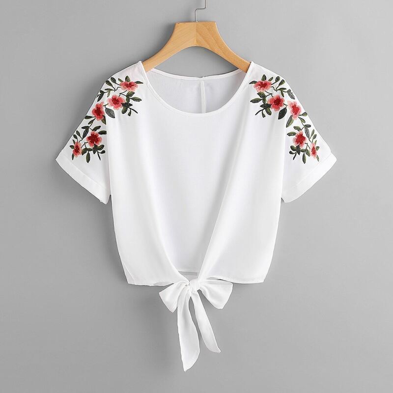 

Flower Embroidery Knot Front Top, White
