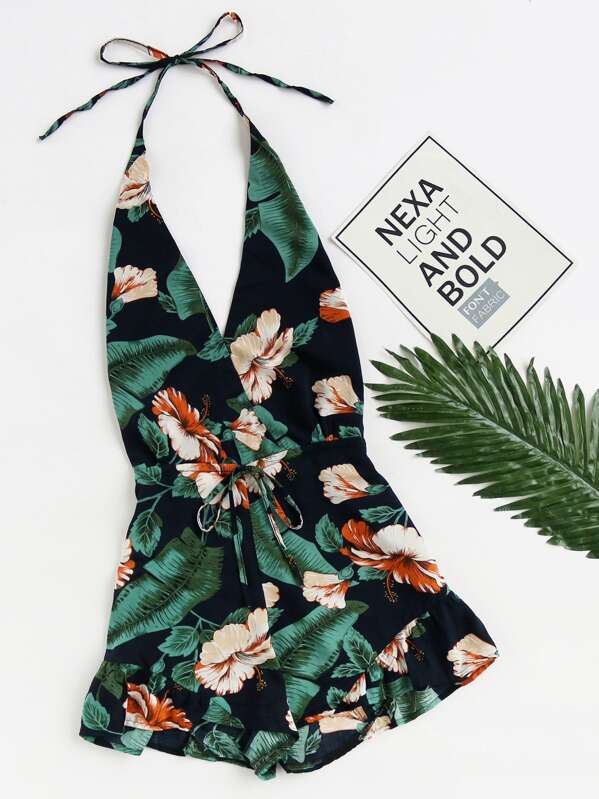 

Погружение V-образным вырезом Цветочная печать Drawstring Frill Romper, null