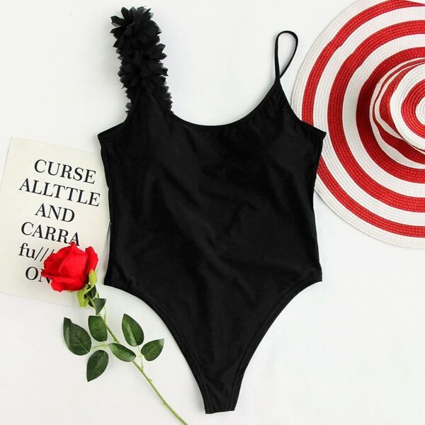 

Flower Embellished Low Back Swimsuit, Black