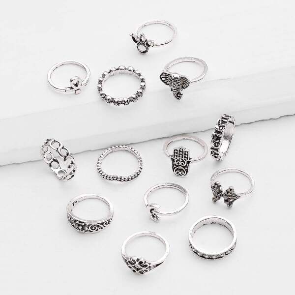 

Crown And Flower Design Ring Set 13pcs, Silver
