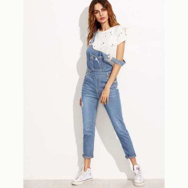 

Ripped Overall Jeans With Pocket, Blue