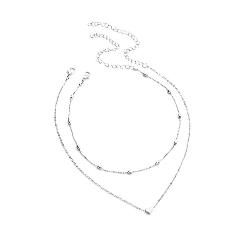 

Heart Pendant Chain Necklace With Beaded Choker 2pcs, Silver