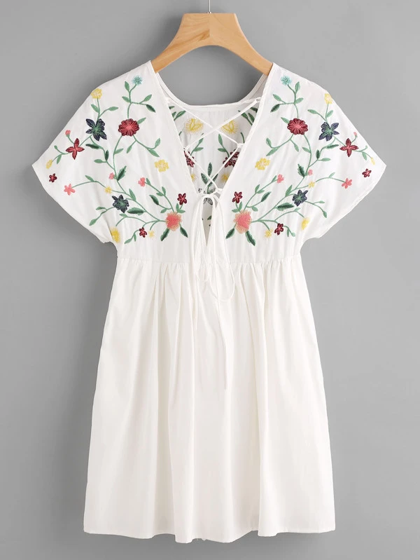 lace up back embroidered smock dress