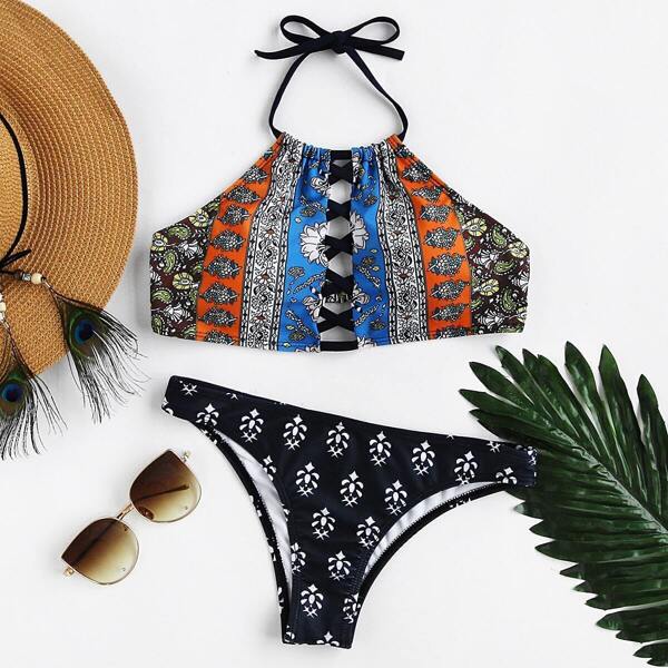 

Tribal Print Criss Cross Bikini Set, Multicolor