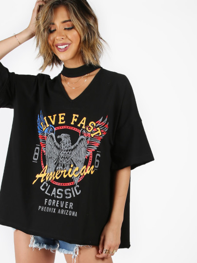 Eagle & Letter Print Choker Neck Boyfriend Tee