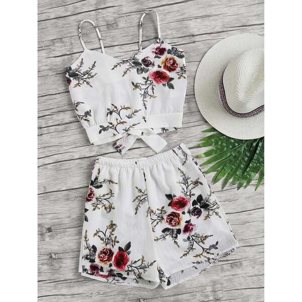 

Floral Print Random Split Bow Tie Back Cami Top With Shorts