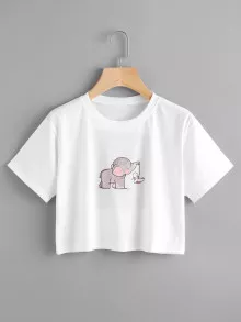 大象印花短款T - 白色 - 查看 1