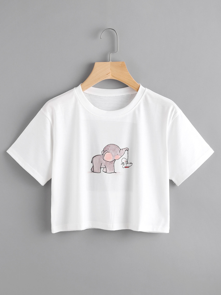 Elephant Graphic Boxy Cropped Tee - White - View 1
