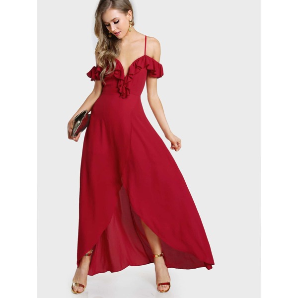 

Flounce Cold Shoulder Wrap Split Prom Dress, Red