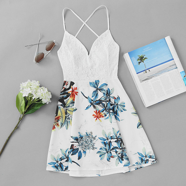 

Criss Cross Back Кружево Панели Tropical Print Dress, Белый