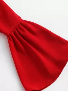 Tied Bardot Flounce Sleeve Crop Top - Red - View 3