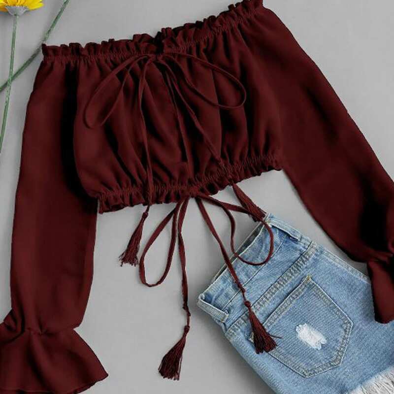 

Split Front Frill Trim Drawstring Crop Top, Burgundy
