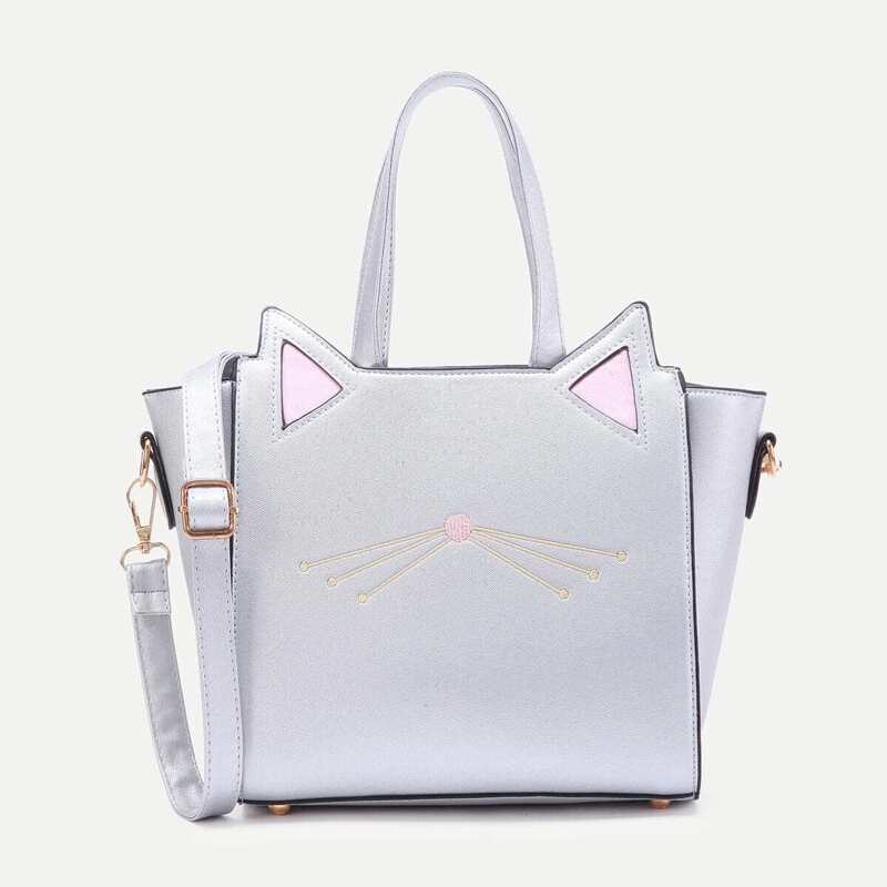 

Cat Ear Embroidery Detail PU Shoulder Bag, Silver