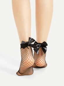Bow Tie Back Fishnet Socks - Black - View 1