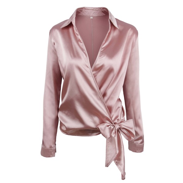 

Satin Knotted Hem Wrap Blouse