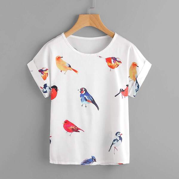 

Random Birds Print Cuffed T-shirt