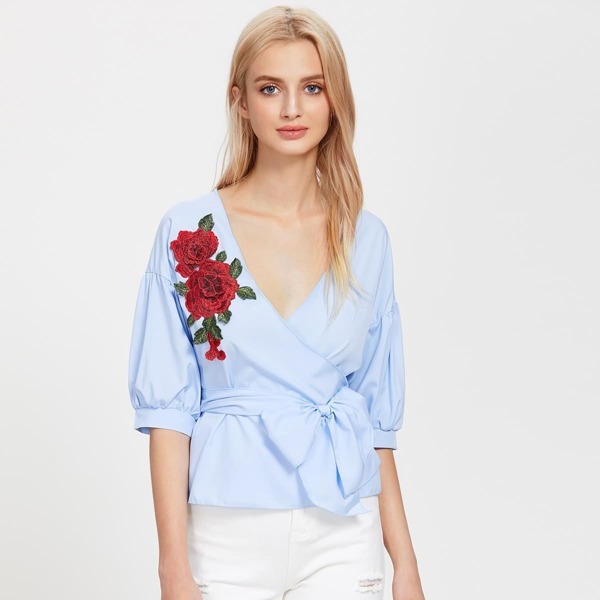 

3D Embroidered Applique Lantern Sleeve Wrap Top, Blue