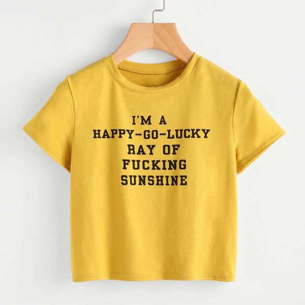 

Slogan Print Tee, Mustard yellow