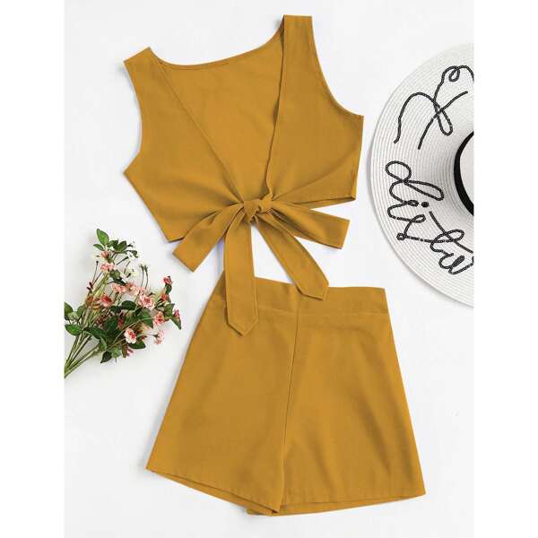 

Knotted Multiway Crop Tank Top With Shorts