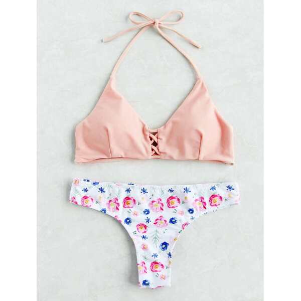 

Criss Cross Haler Top With Floral Print Bikini, Multicolor