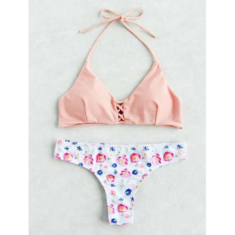 

Criss Cross Haler Top With Floral Print Bikini, Multicolor