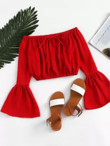 Tied Bardot Flounce Sleeve Crop Top - Red - View 1