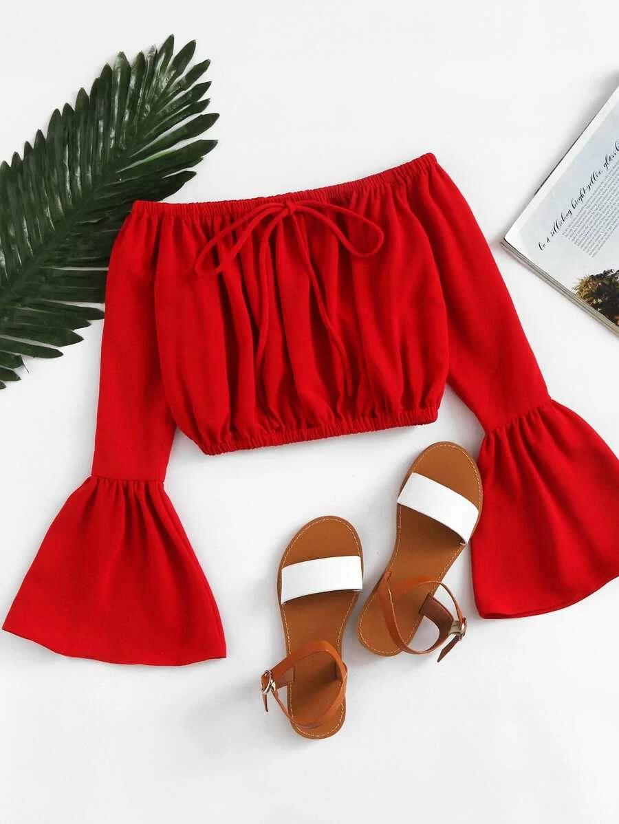 Tied Bardot Flounce Sleeve Crop Top - Red - View 1