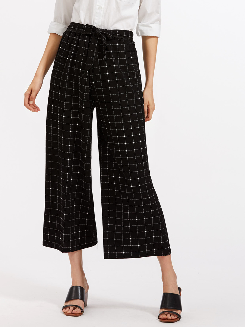 

Windowpane Print Tie Waist Wide Leg Pants, Black