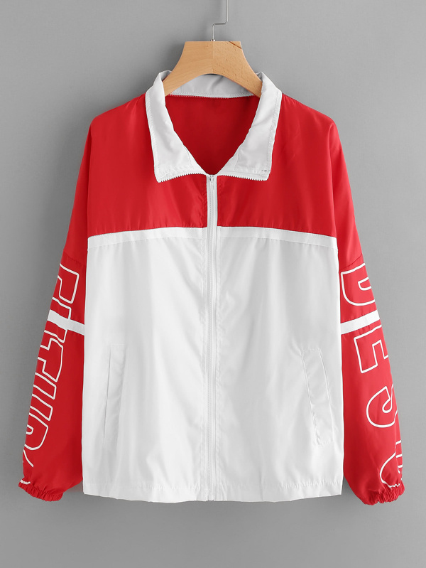 color block letter print zip up jacket block letters to print