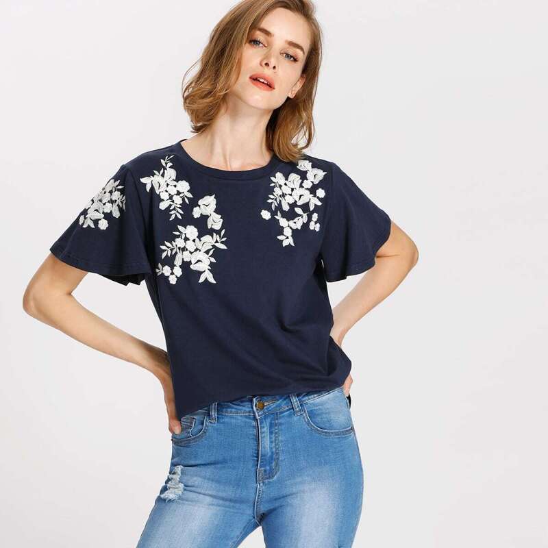 

Flower Embroidered Flutter Sleeve Tee, Navy
