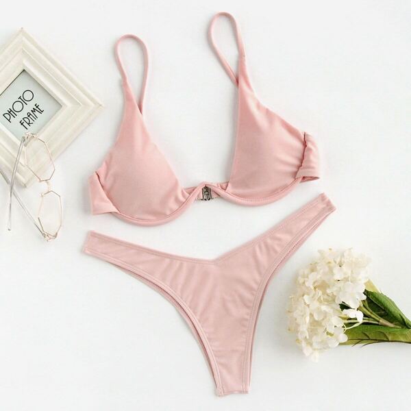 

Underwire Top With High Leg Bikini Set, Pink