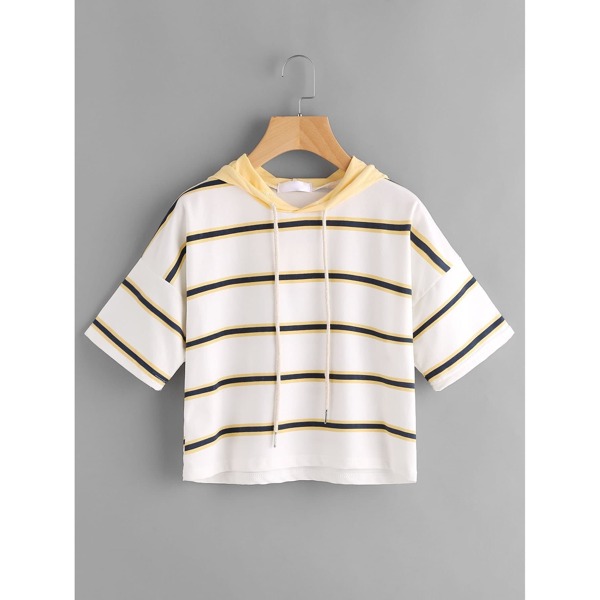 

Hooded Drawstring Striped Tee, Beige