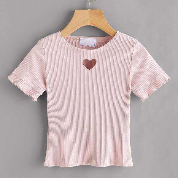 

Heart Cut Out Ribbed Tee, Pink