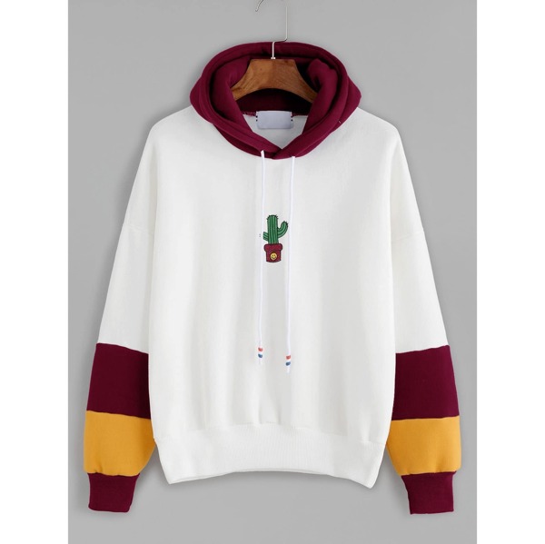 

Hooded Drawstring Cactus Embroidered Contrast Sleeve Sweatshirt, Multicolor