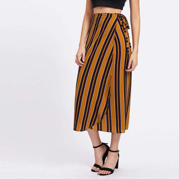 

Vertical Striped Tie Detail Wrap Skirt