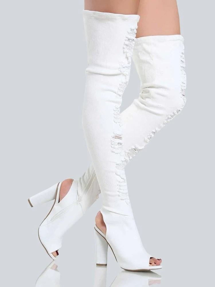 white denim thigh high boots